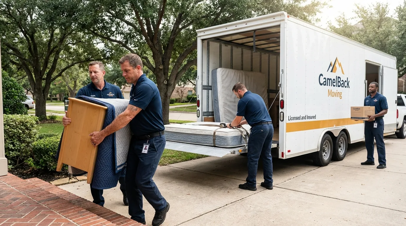 Crew loading residential truck for cross-state move from Rainier, OR