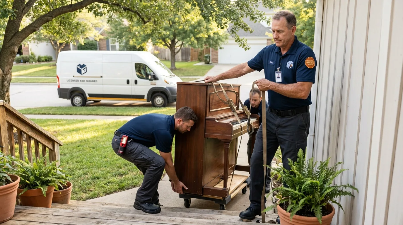 Licensed piano movers securing grand piano in Rainier, OR
