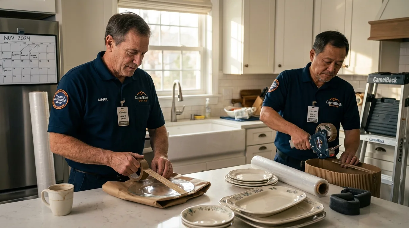 Professional crew packing kitchen dishware in Rainier, OR
